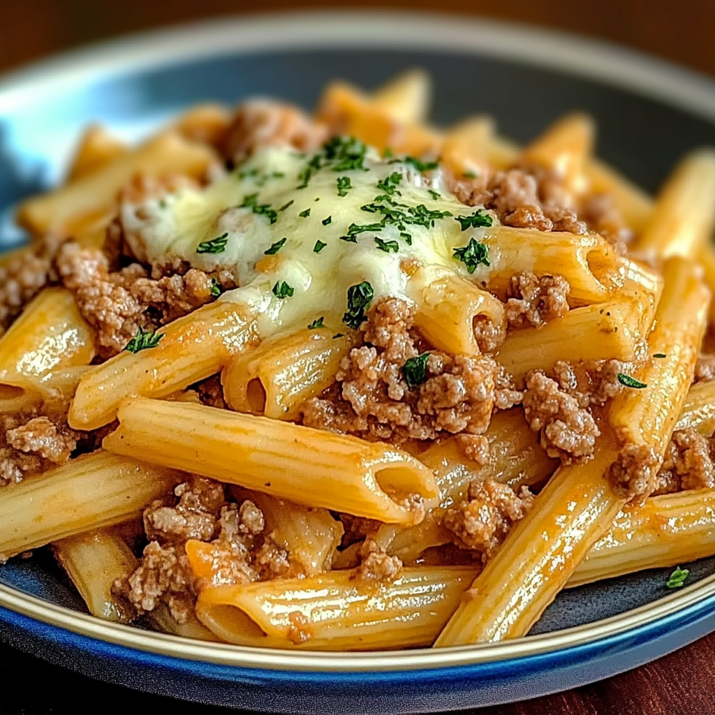 Recipe preparation for Cheesy Penne Ground Beef Pasta