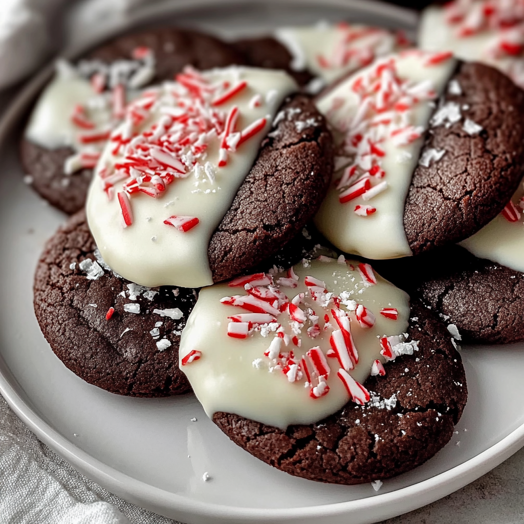 Recipe preparation for White Chocolate Dipped Peppermint Chocolate Christmas Cookies