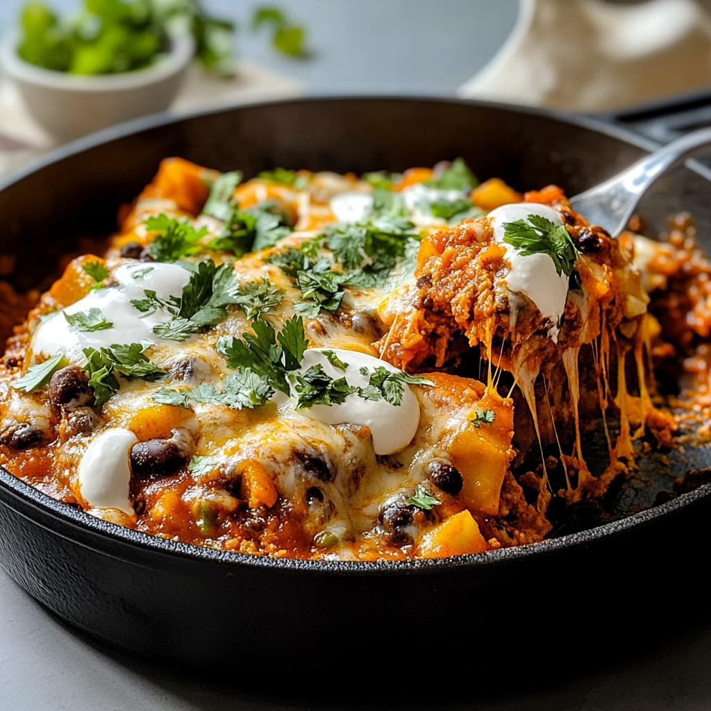 Recipe preparation for Butternut Squash Black Bean Enchilada