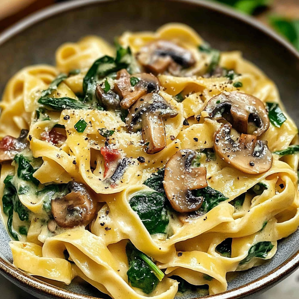 Recipe preparation for Creamy Spinach Mushroom Pasta