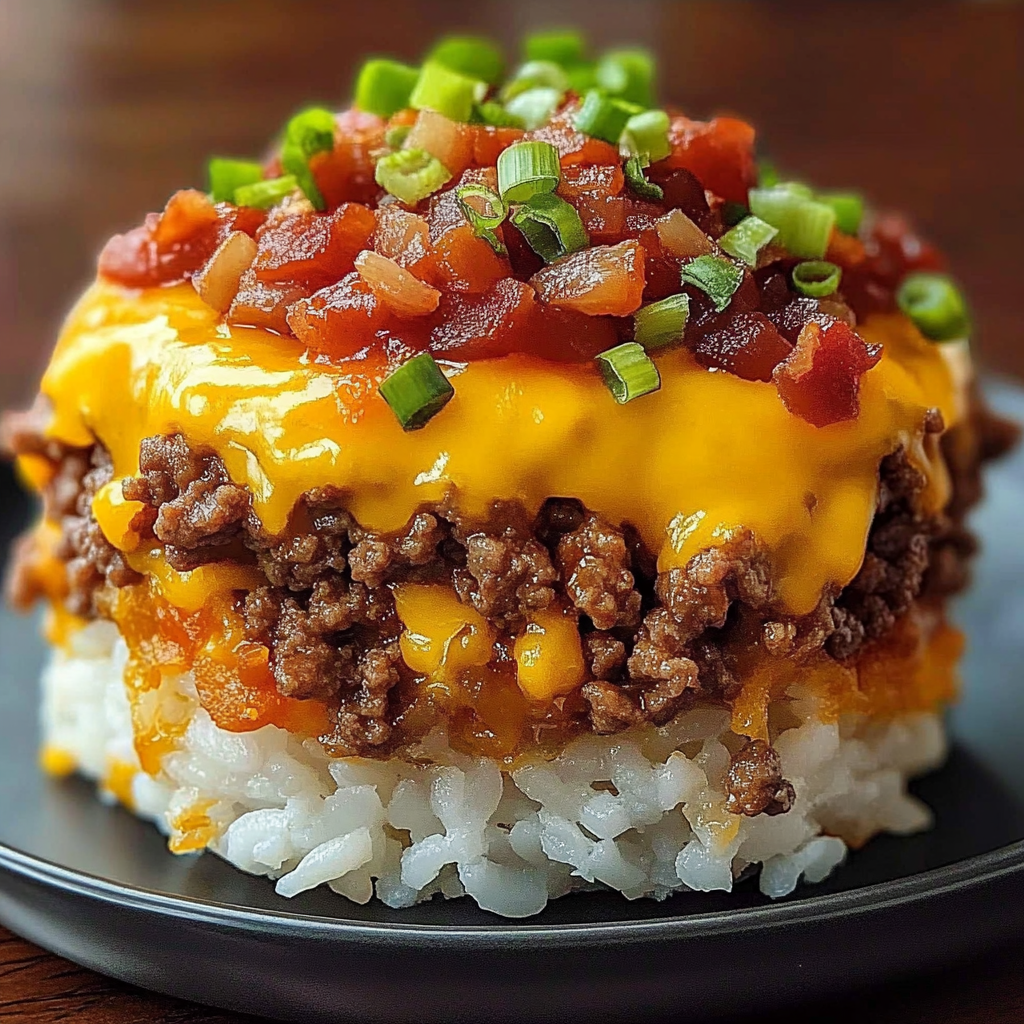 Recipe preparation for Bacon Cheeseburger Rice Stack