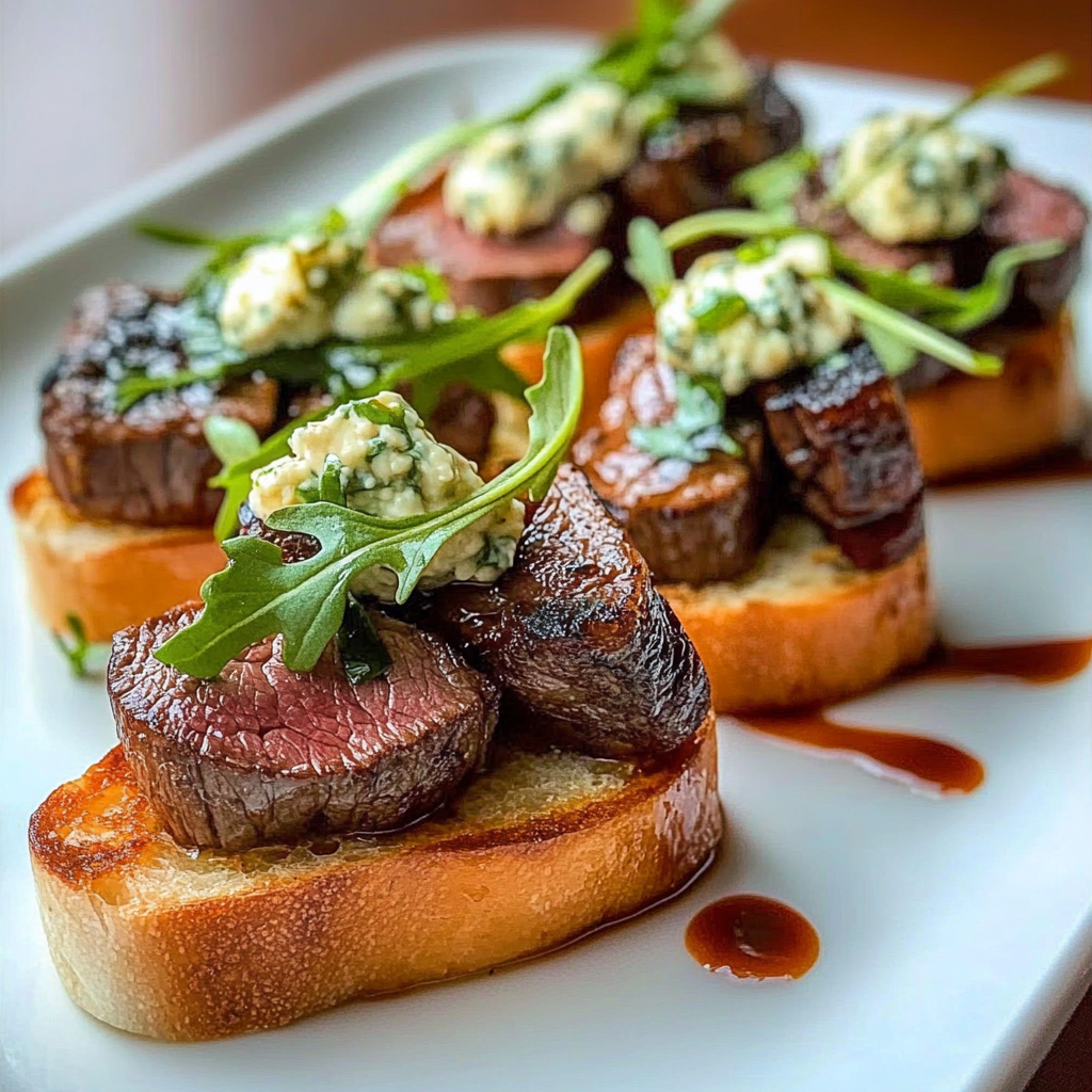 Recipe preparation for Beef Tenderloin Gorgonzola Crostini