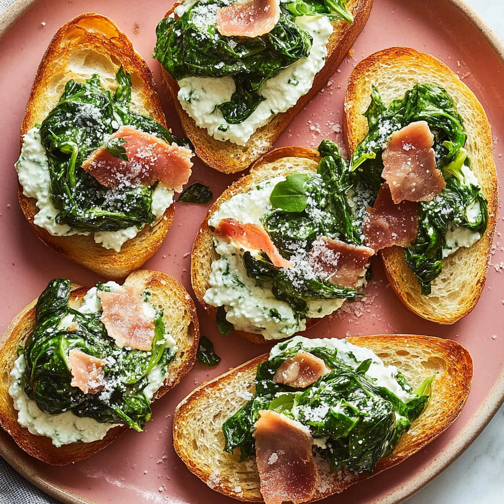 Recipe preparation for Creamy Spinach Ricotta Crostini
