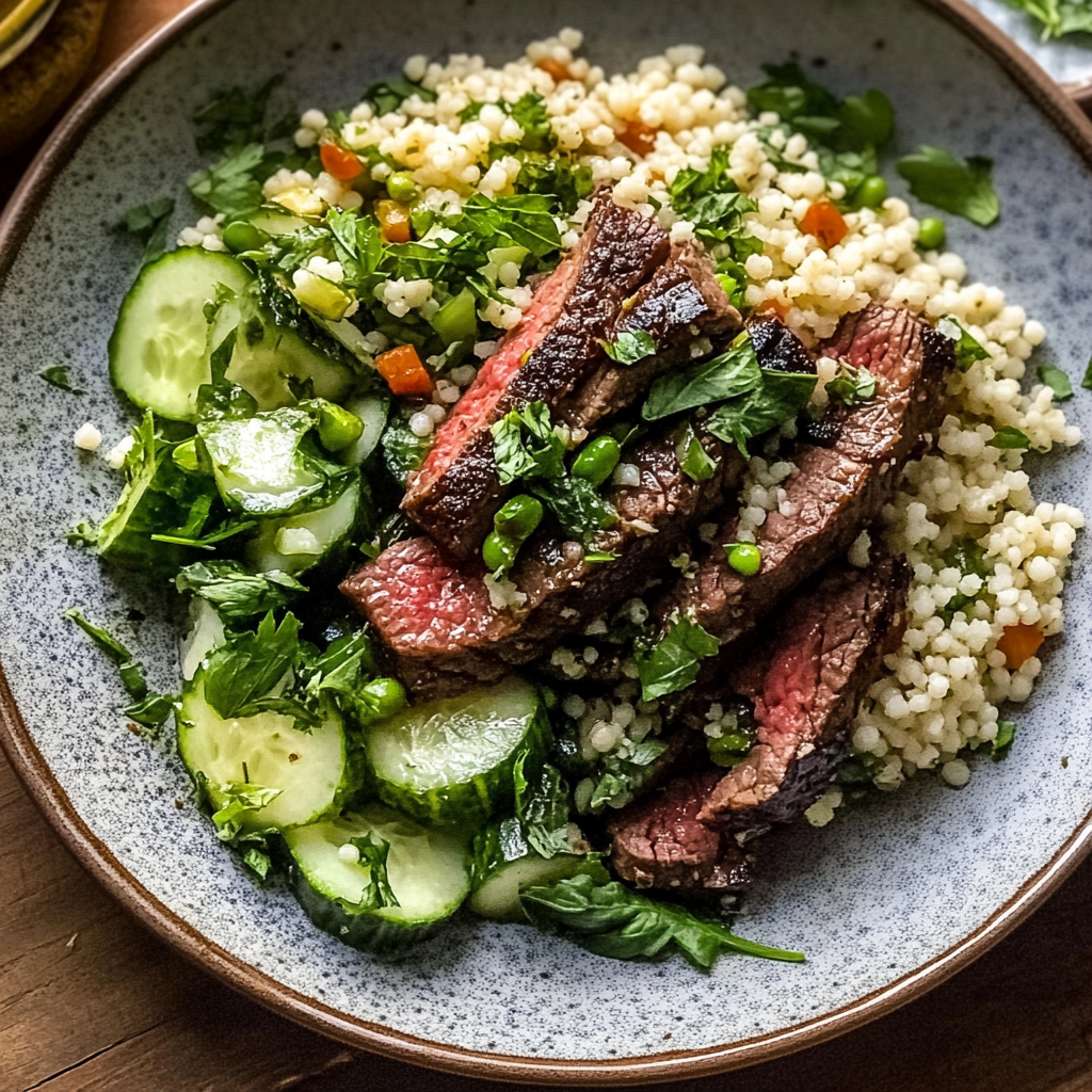 Recipe preparation for Grilled Skirt Steak with Lemon Herb Couscous Salad