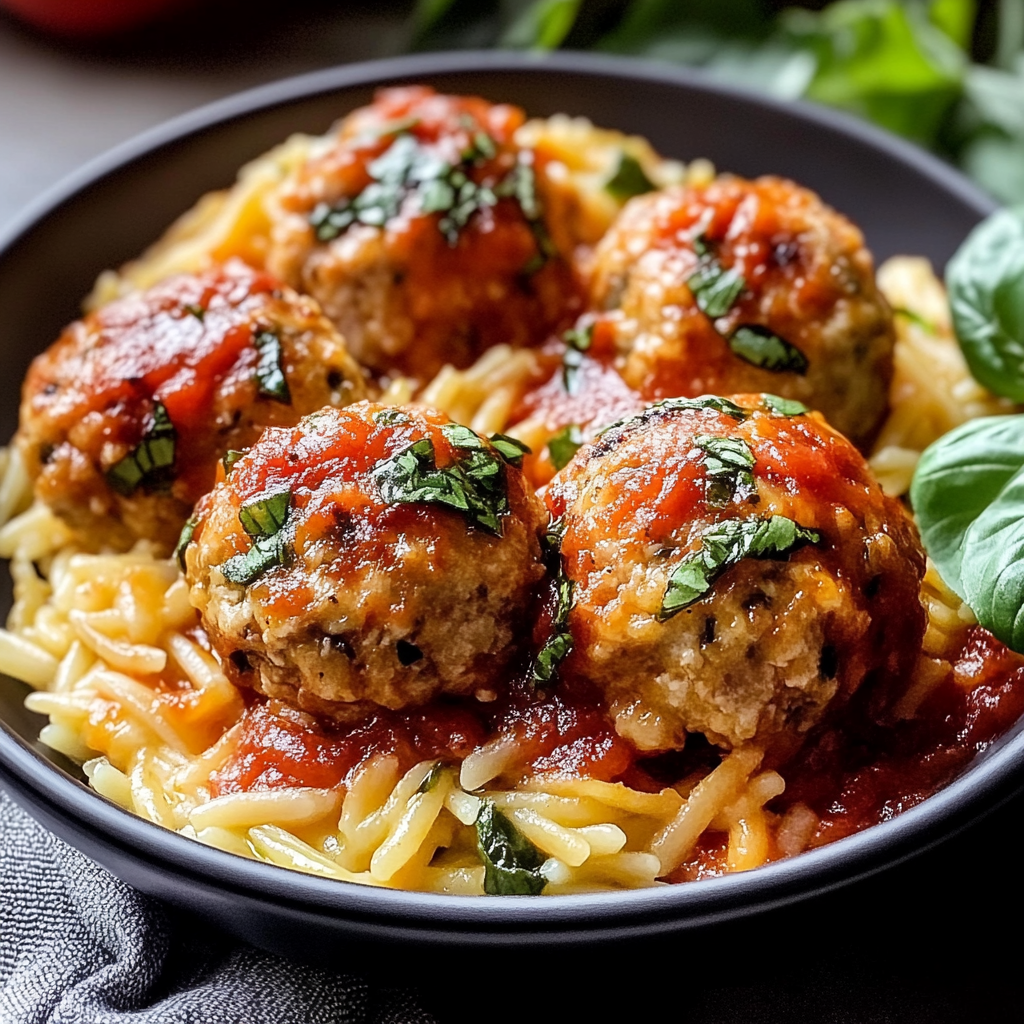 Recipe preparation for Baked Rosemary Chicken Meatballs with Comforting Tomato Orzo