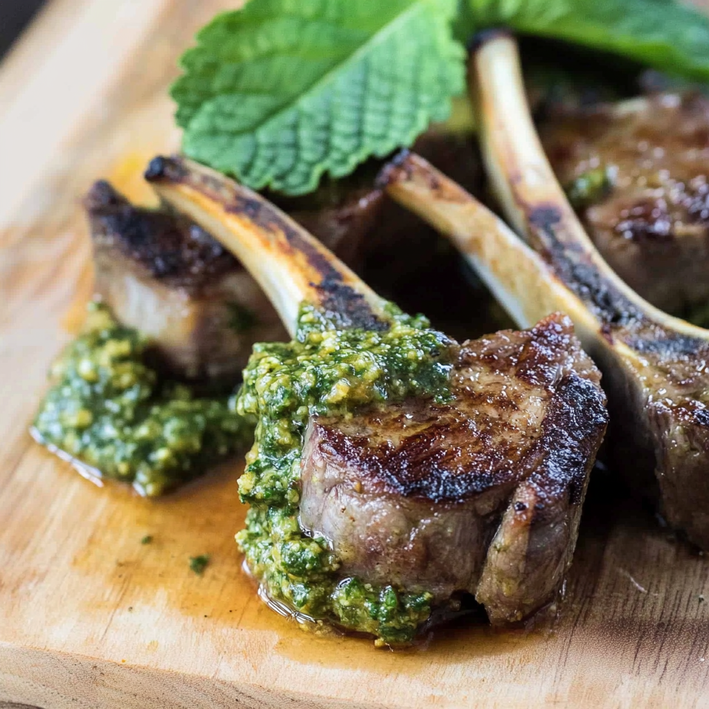 Recipe preparation for Roasted Lamb Chops with Mint Pesto
