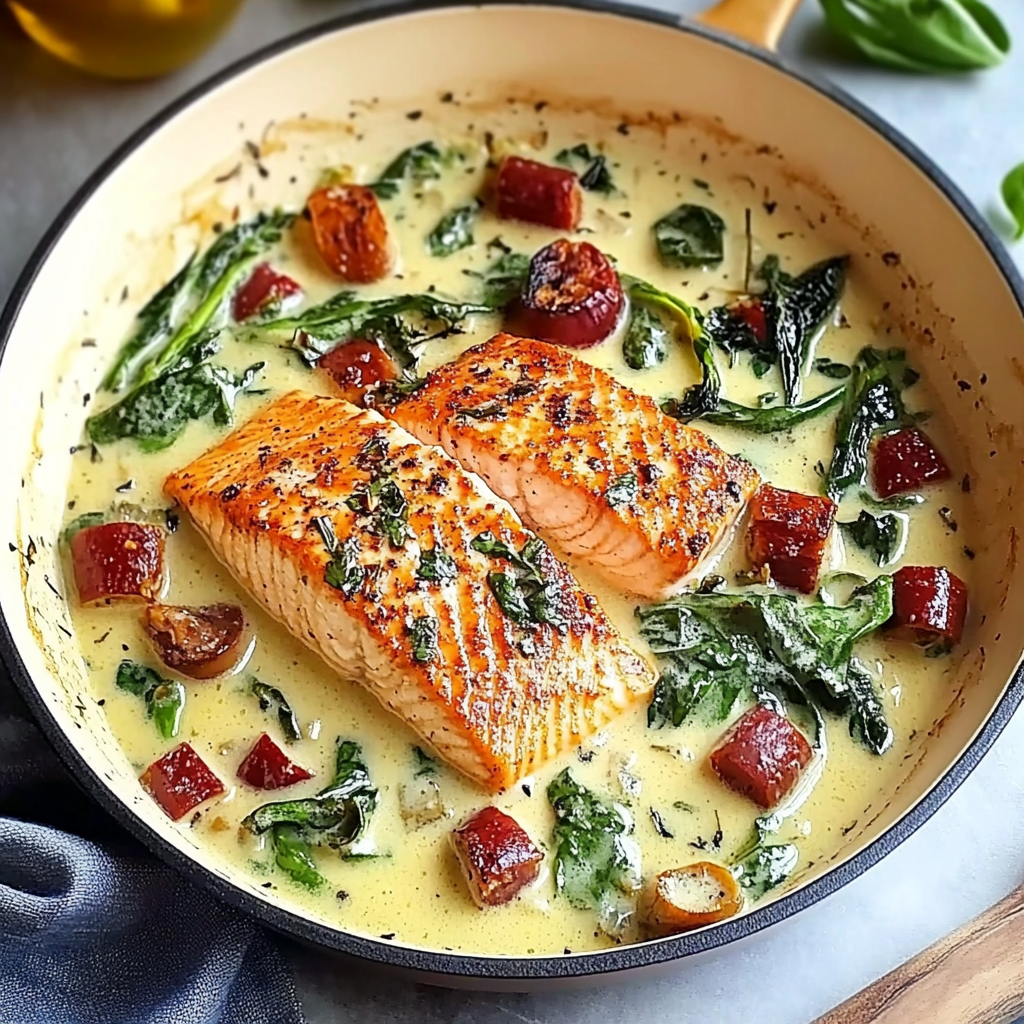 Recipe preparation for Creamy Tuscan Salmon with Coconut Milk