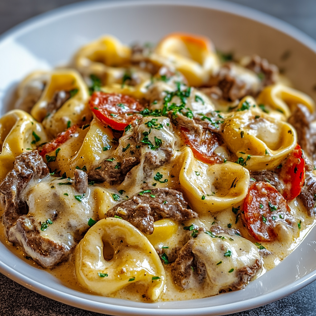 Recipe preparation for Cheesesteak Tortellini in Creamy Provolone Sauce