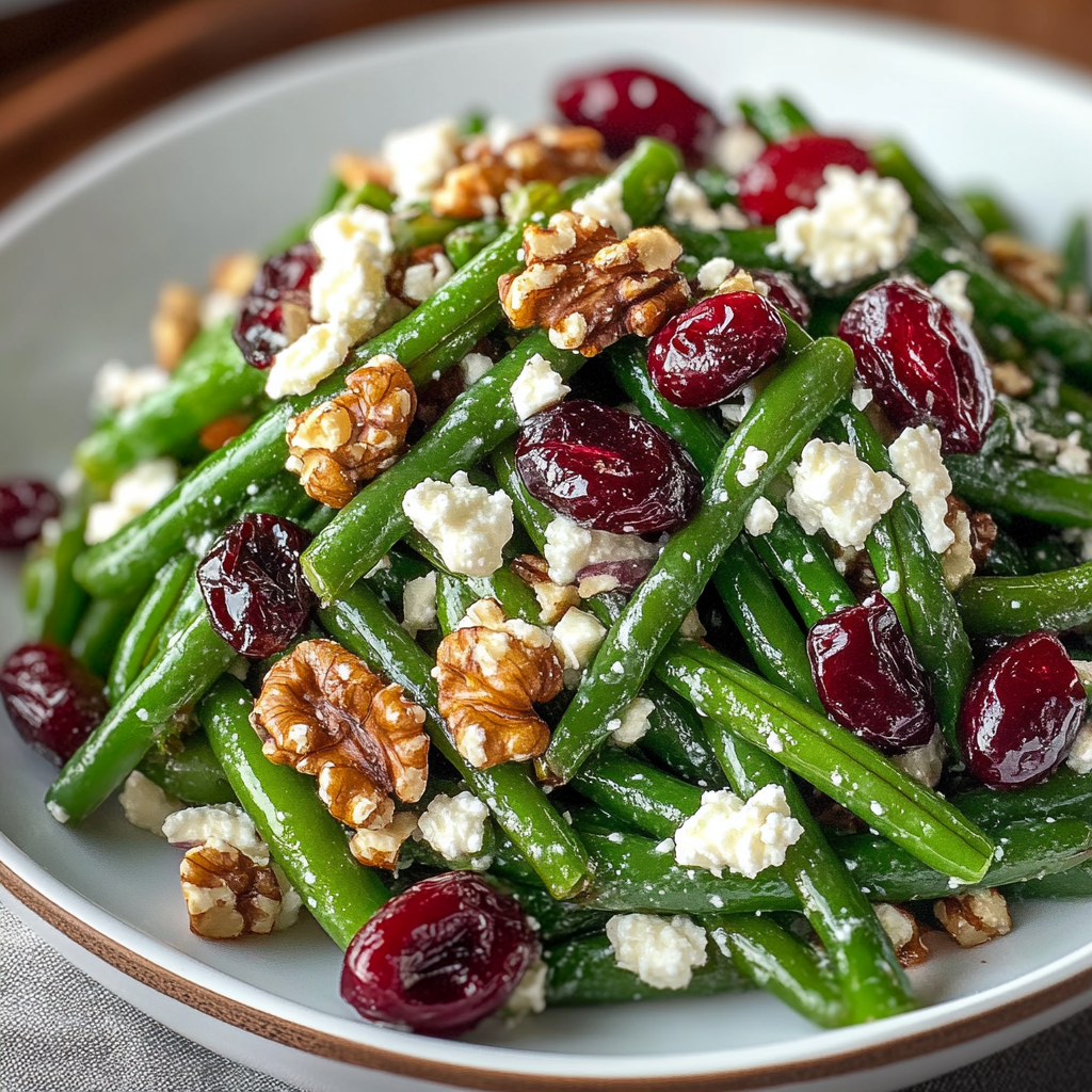 Recipe preparation for Holiday Green Bean Salad with Feta, Cranberries and Walnuts