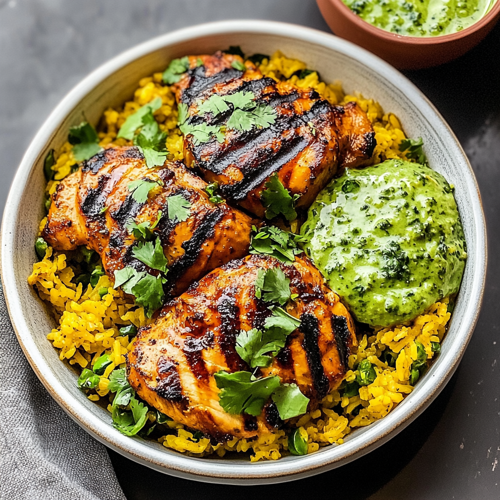Recipe preparation for Peruvian Chicken and Rice with Green Sauce