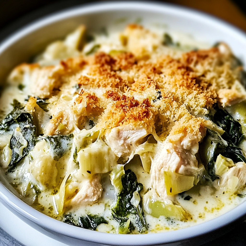 Recipe preparation for Cheesy Spinach and Artichoke Chicken Casserole Bliss