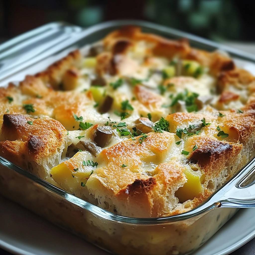 Recipe preparation for Savory Leek and Gruyère Bread Pudding