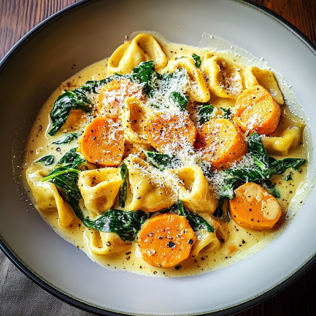 Recipe preparation for Creamy Skillet Tortellini with Sweet Potato and Spinach