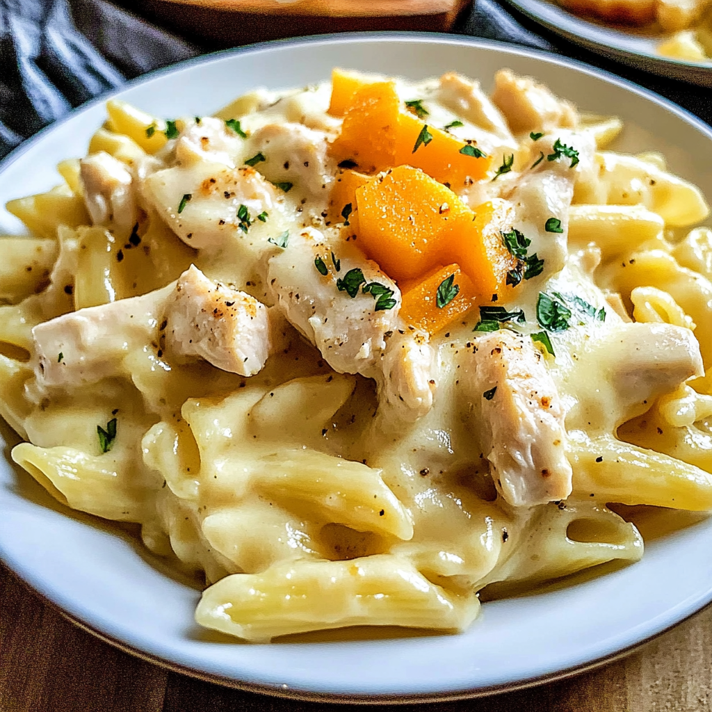Recipe preparation for Creamy Chicken Pot Pie Pasta