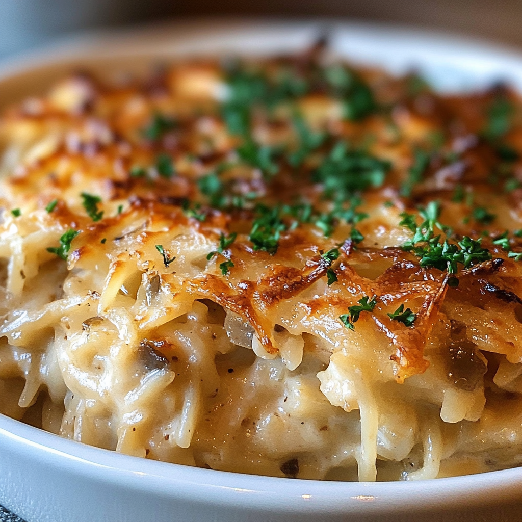 Recipe preparation for French Onion Chicken Orzo Casserole