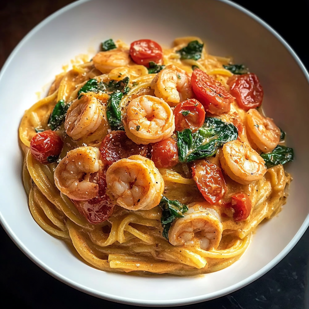 Recipe preparation for Shrimp and Creamy Tomato Basil Pasta