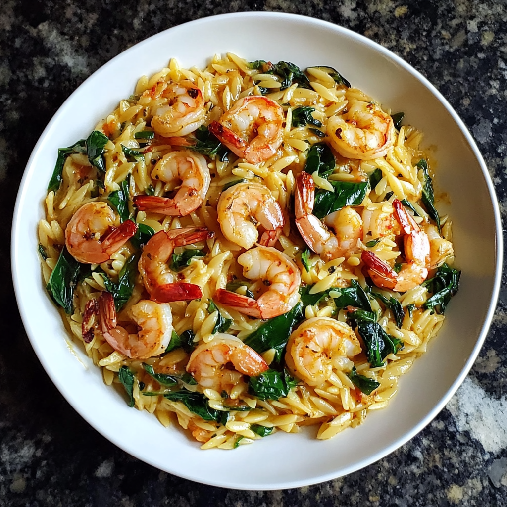Recipe preparation for 25-Minute Shrimp and Spinach Orzo Skillet