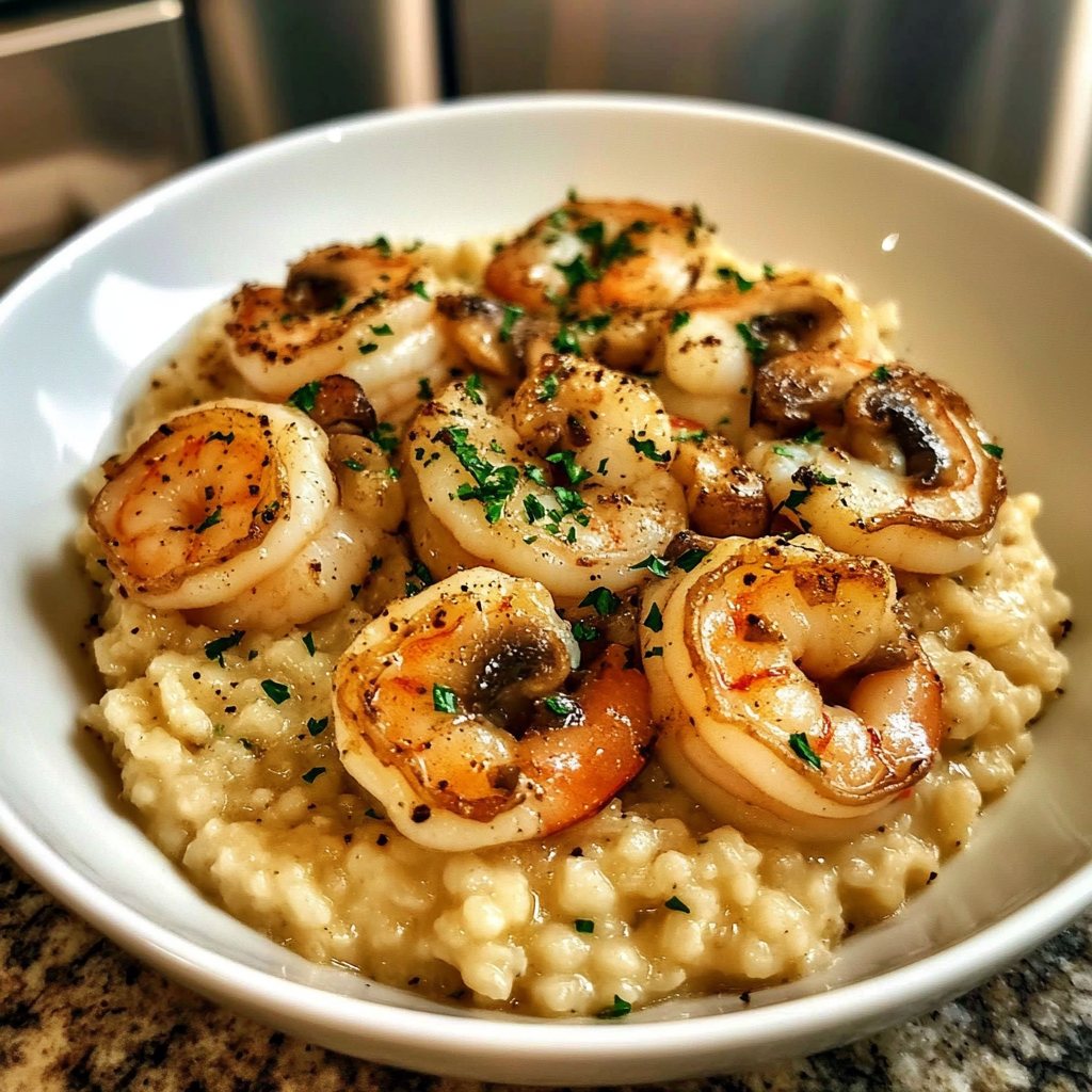 Recipe preparation for Creamy Shrimp and Mushroom Risotto