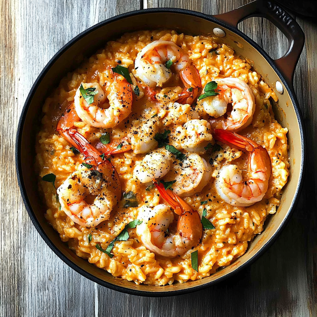 Recipe preparation for Creamy Tomato and Shrimp Risotto