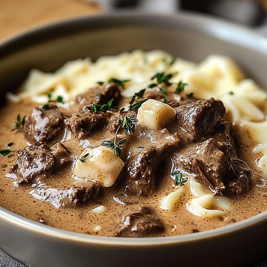 Recipe preparation for Slow Cooker Beef Stroganoff Stew