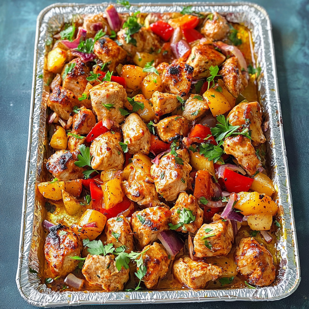 Recipe preparation for Hawaiian Chicken Sheet Pan