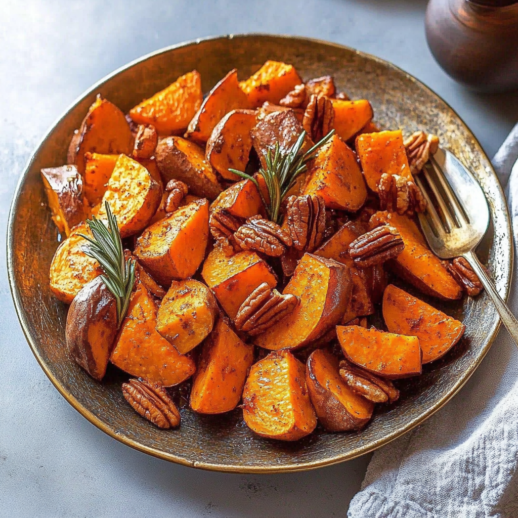 Recipe preparation for Walnut Maple Roasted Sweet Potatoes