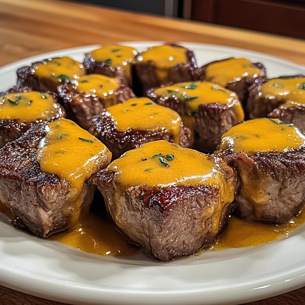 Recipe preparation for Cheesy Butter Steak Bites