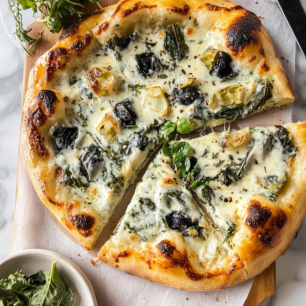 Recipe preparation for artichoke pizza with spinach parmesan cream sauce