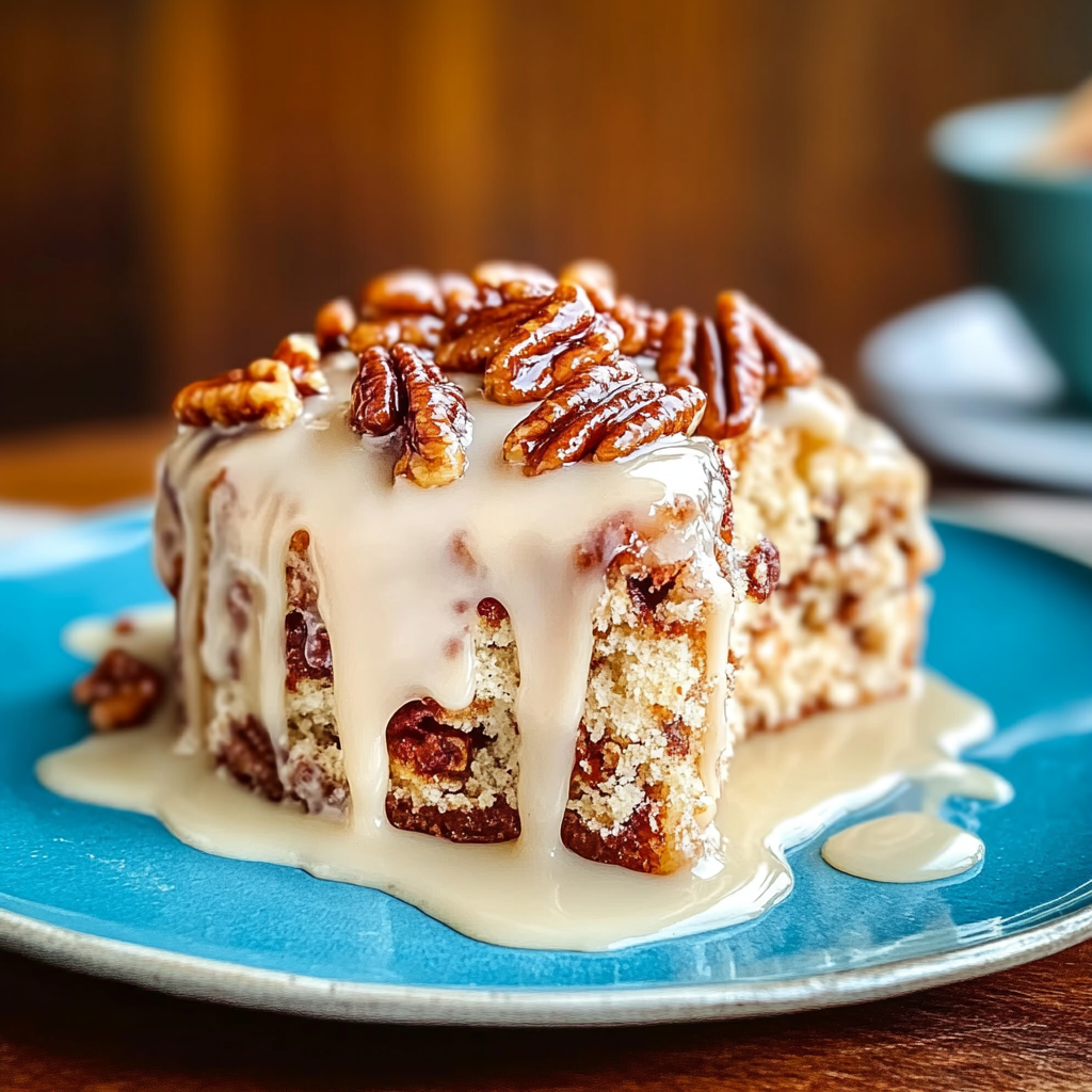 Recipe preparation for Butter Pecan Praline Poke Cake