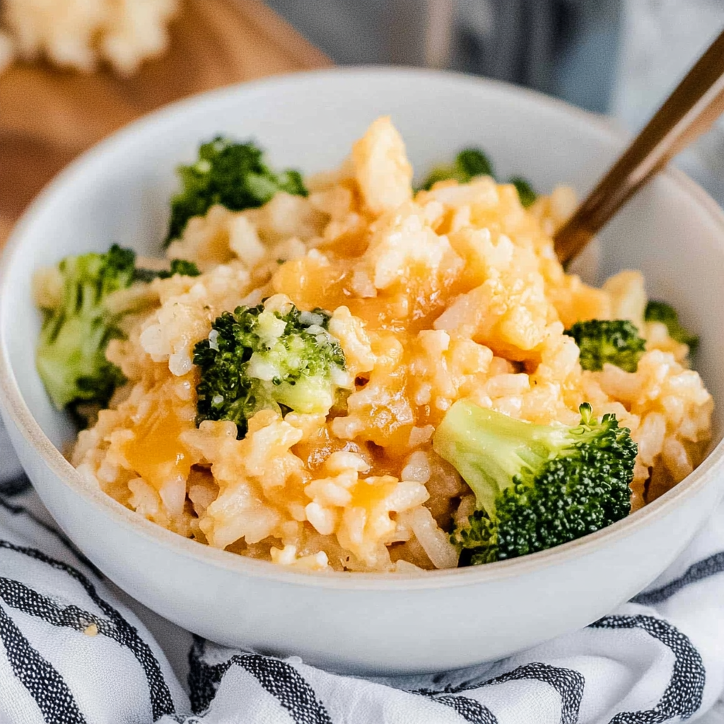 Recipe preparation for Broccoli Cheddar Rice Bowl