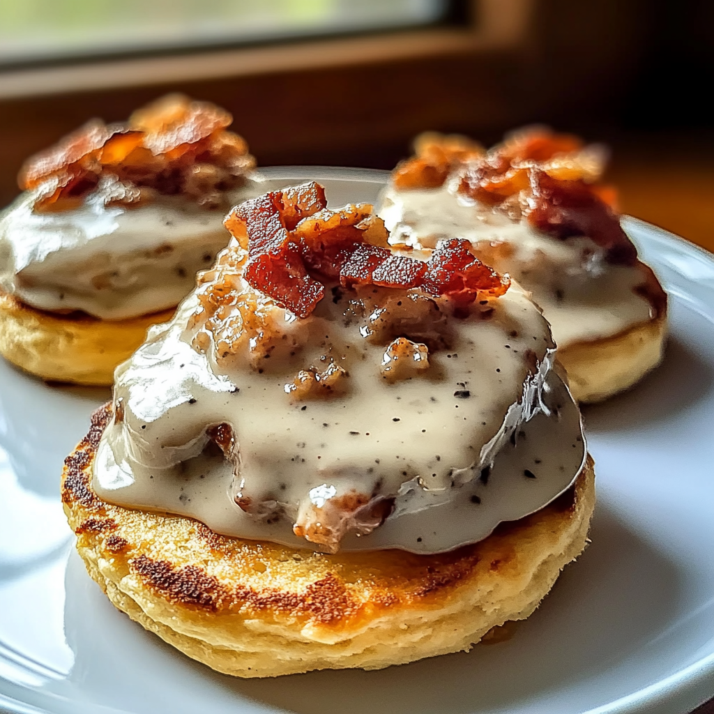 Recipe preparation for Crispy Bacon Sausage Gravy Chaos Biscuits