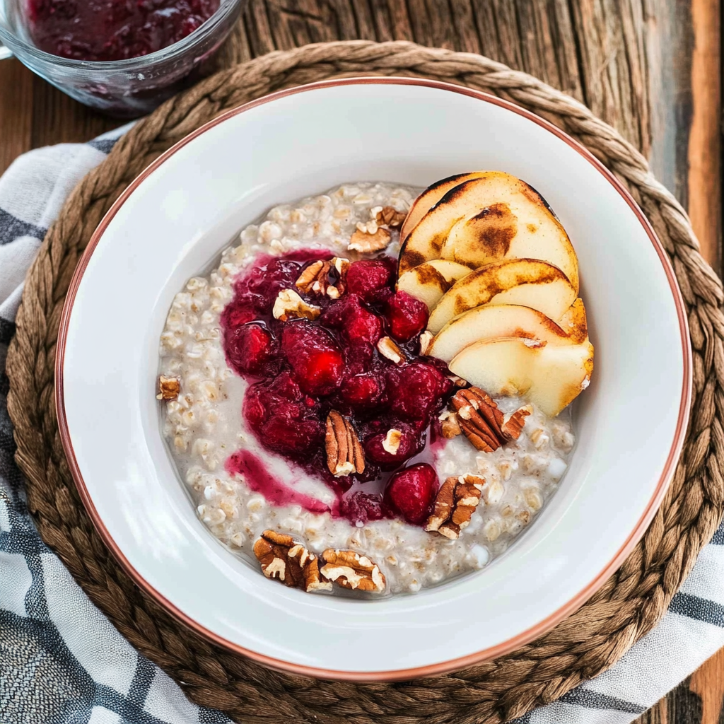 Recipe preparation for Christmas Oats Porridge with Cranberry Sauce, Apples and Pecans
