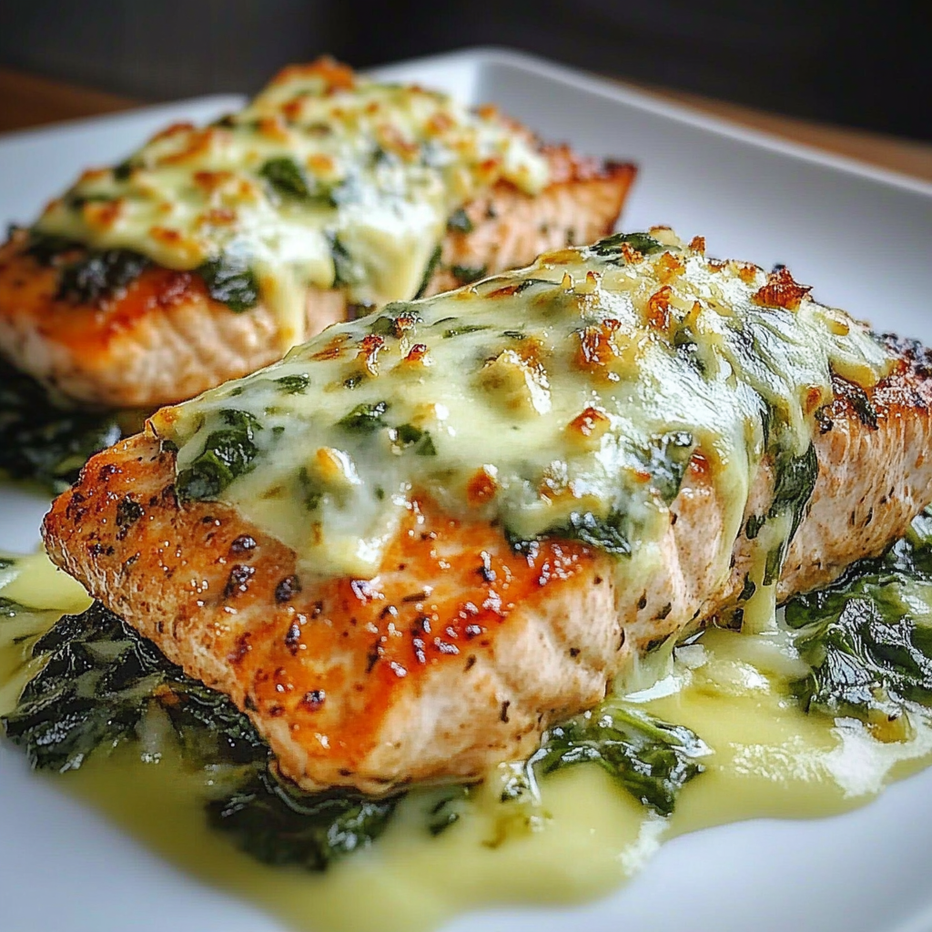 Recipe preparation for Baked Salmon with Spinach Mozzarella