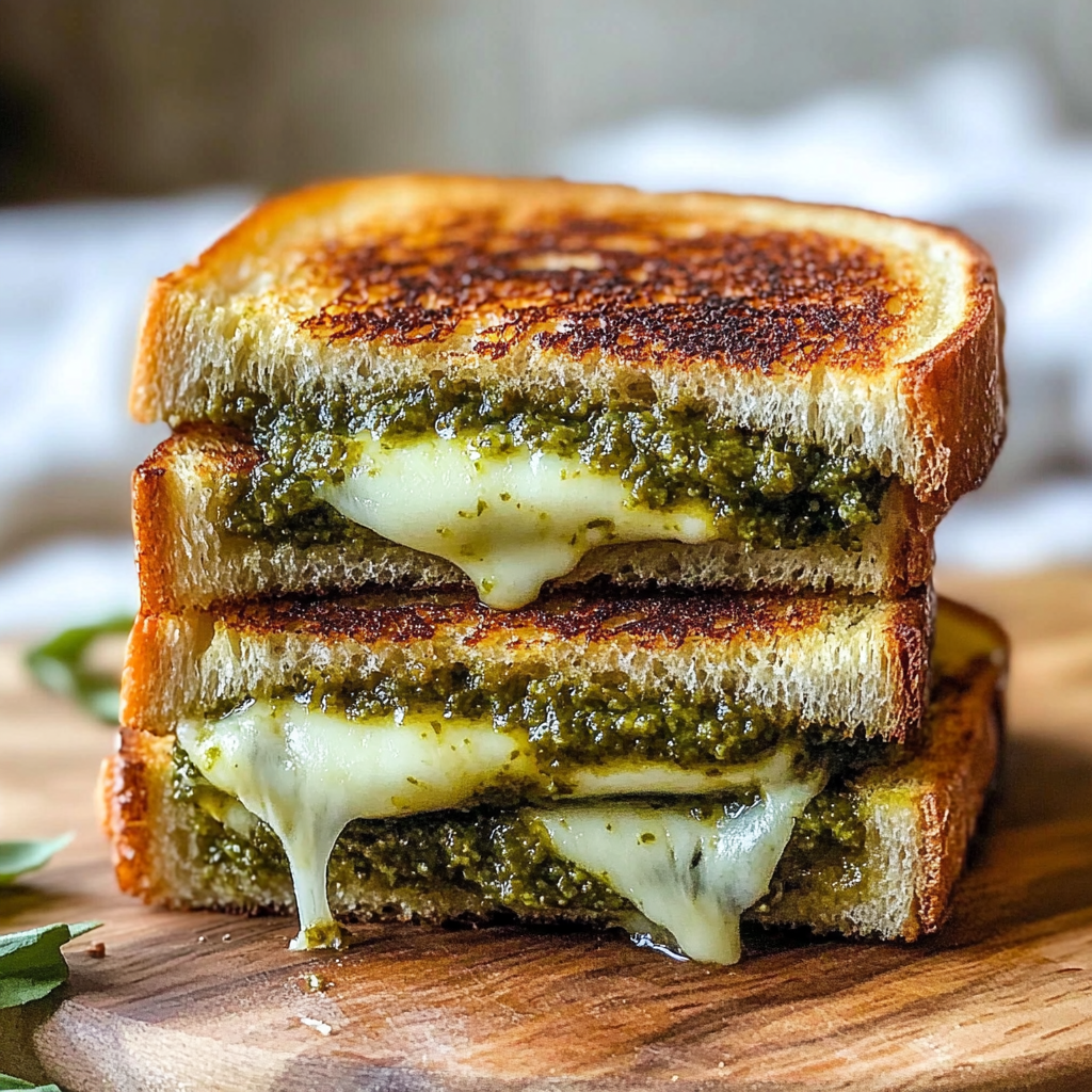 Recipe preparation for Sourdough Pesto Grilled Cheese