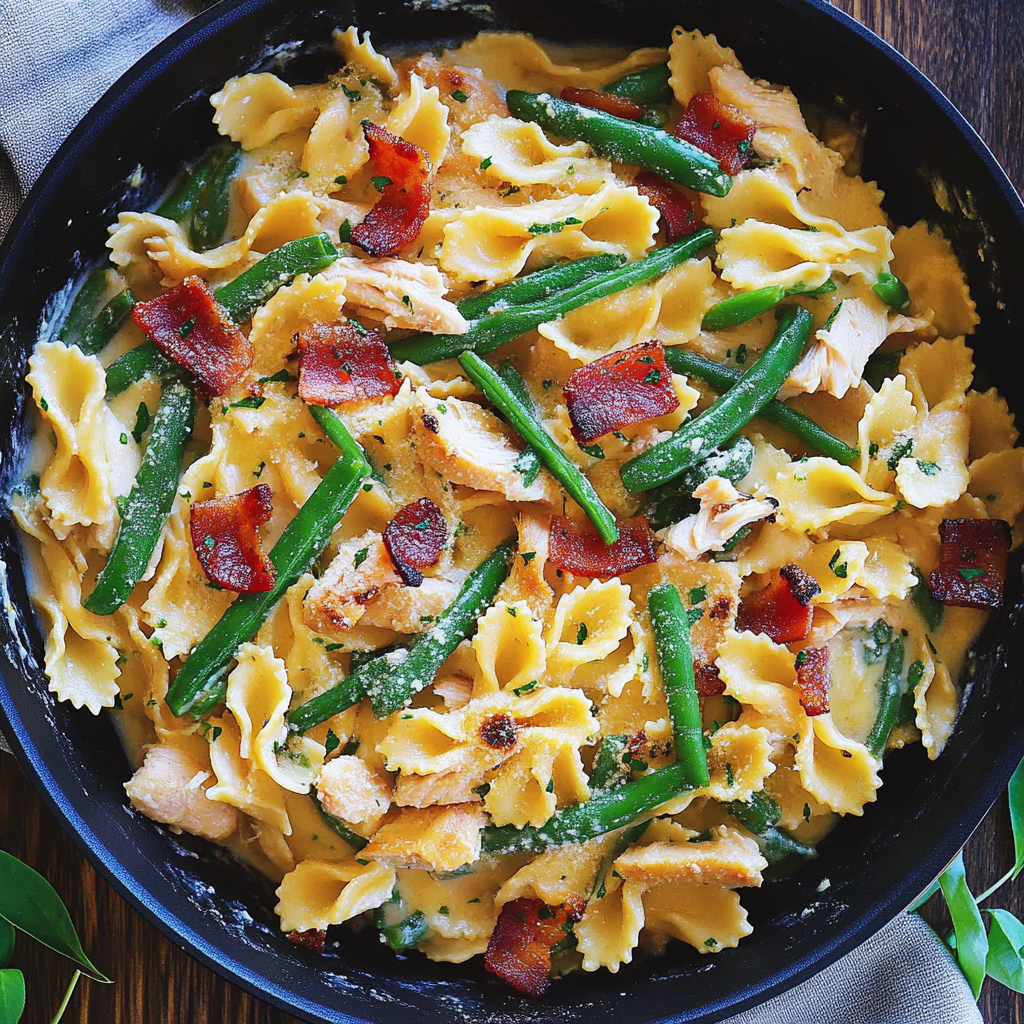 Recipe preparation for Creamy Chicken Pasta with Green Beans and Bacon