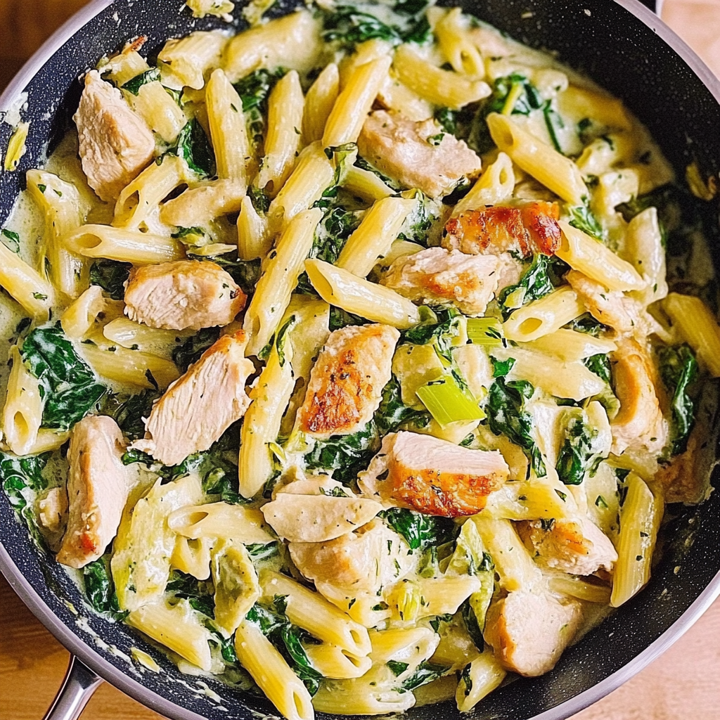 Recipe preparation for Spinach Artichoke Pasta with Chicken