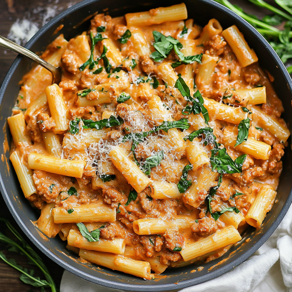 Recipe preparation for Creamy Sausage Rigatoni