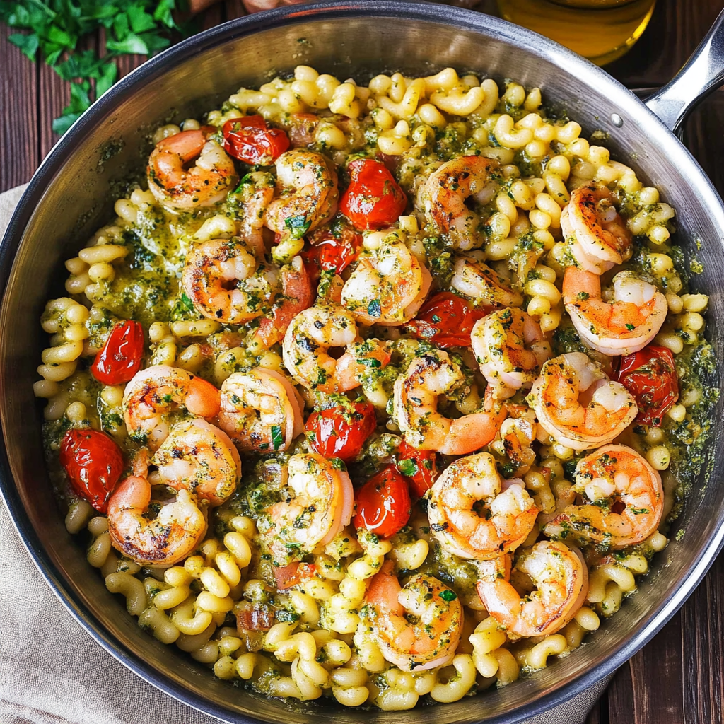 Recipe preparation for Shrimp Pesto Pasta