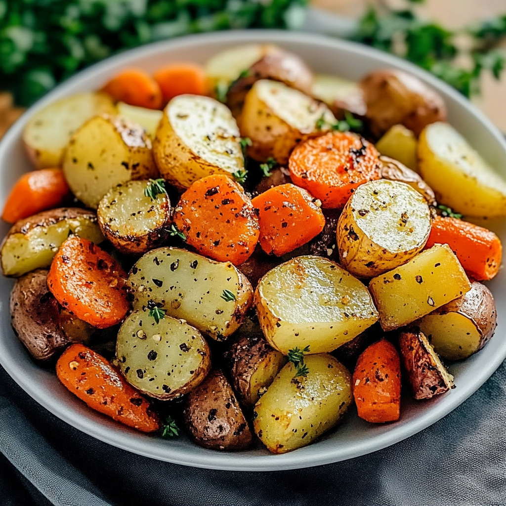 Recipe preparation for Garlic Herb Roasted Potatoes Carrots and Zucchini