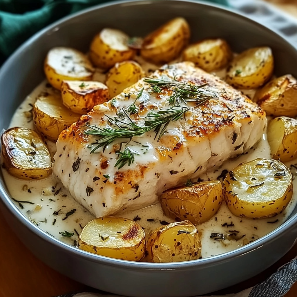 Recipe preparation for Cod and Potatoes with Rosemary Cream Sauce