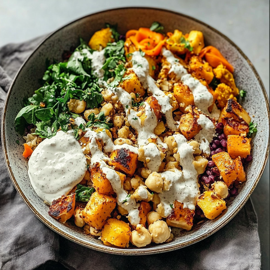 Recipe preparation for Nourish Bowl Recipe with Tahini Yogurt Dressing