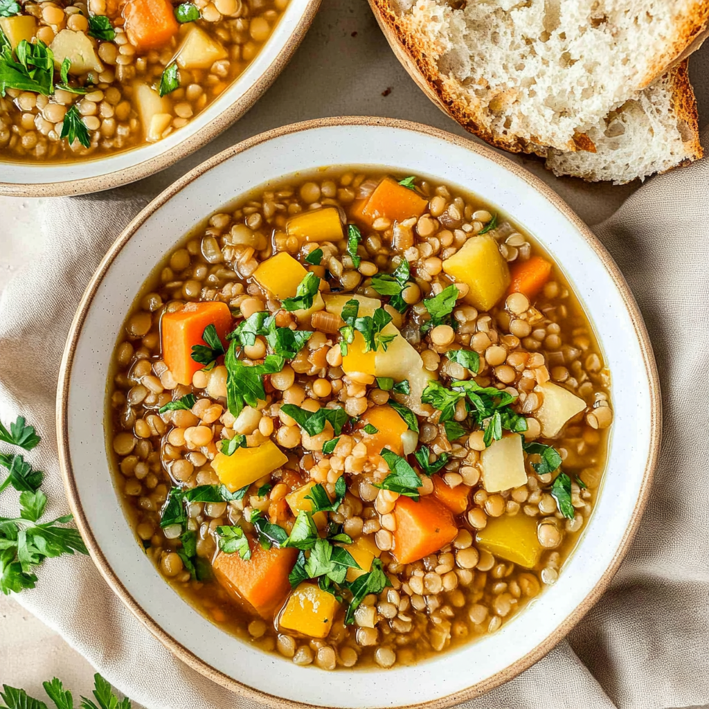 Recipe preparation for vegetable soup with barley and lentils