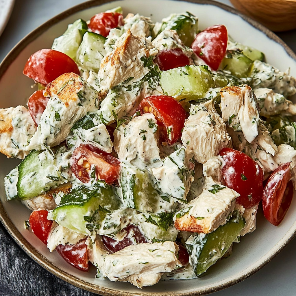 Recipe preparation for Greek Chicken Tzatziki Salad