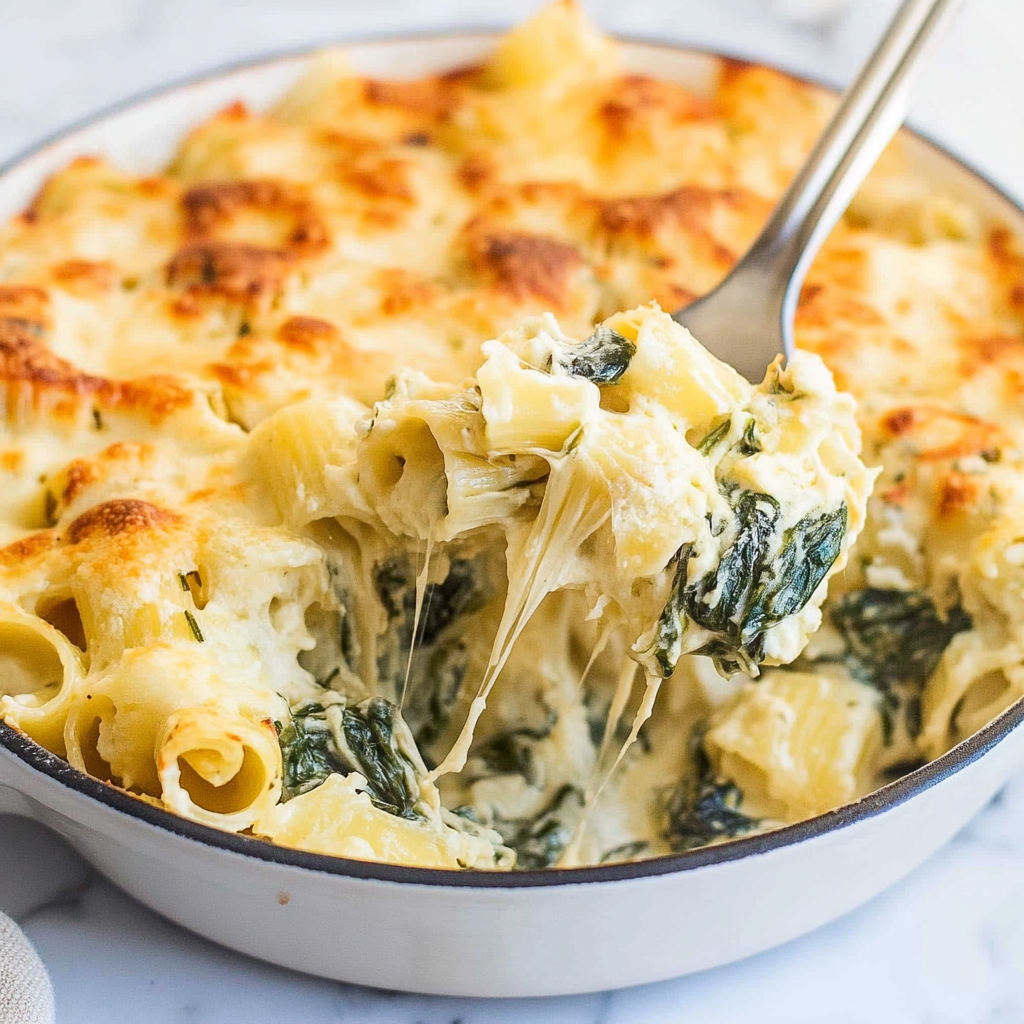 Recipe preparation for Creamy Spinach Artichoke Pasta Bake