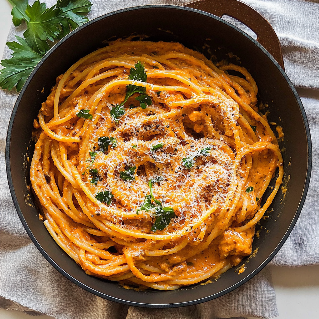 Recipe preparation for Spaghetti with Creamy Roasted Bell Pepper Sauce