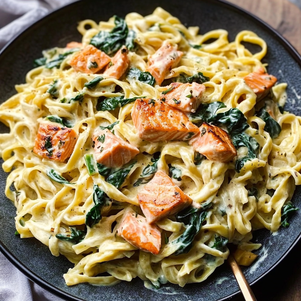 Recipe preparation for Creamy Spinach Pasta with Smoked Salmon