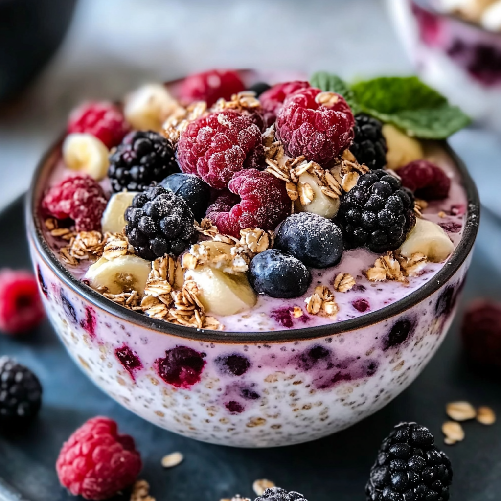 Recipe preparation for Mixed Berry Cheesecake Overnight Oats