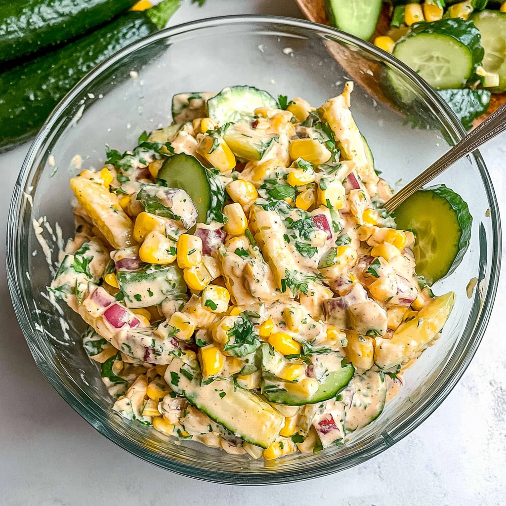 Recipe preparation for Street Corn Creamy Cucumber Salad