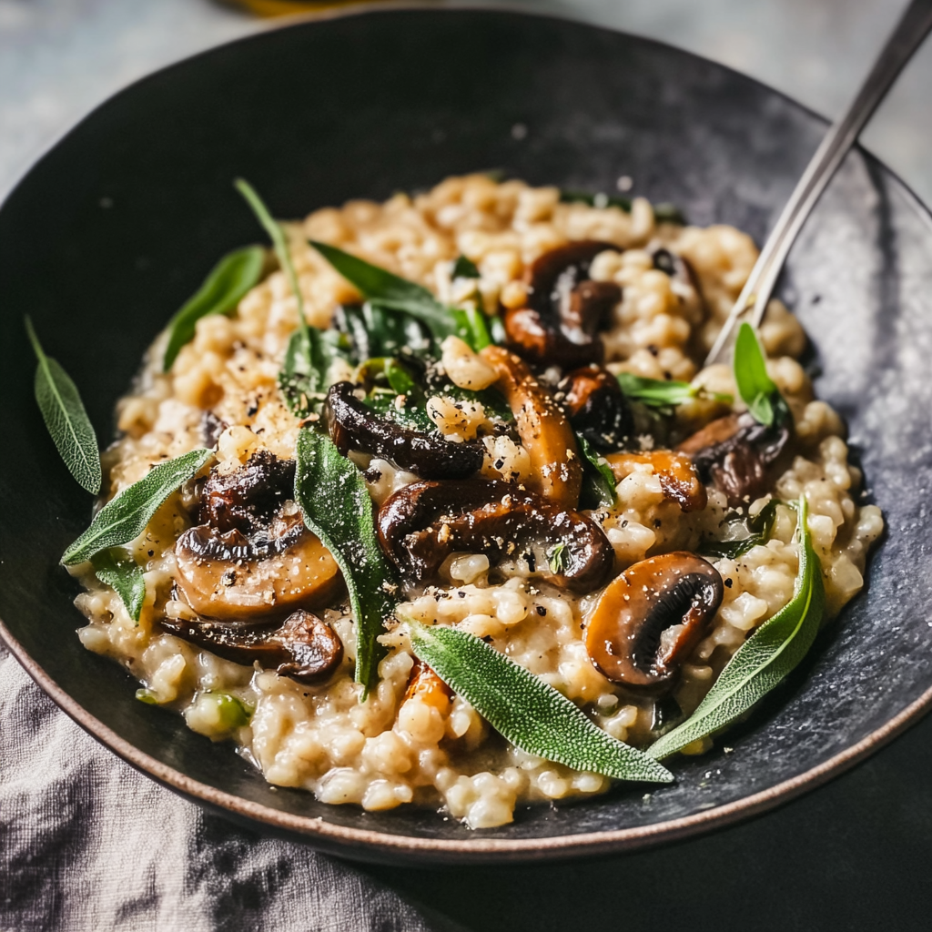 Recipe preparation for Creamy Mushroom Risotto with Crispy Sage