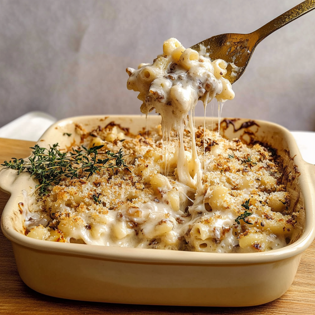 Recipe preparation for French Onion Mac and Cheese